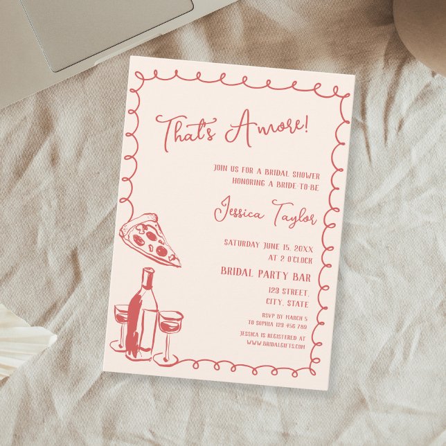 Quirky Red Hand plockade Möhippa Brunch, det är me Inbjudningar (red hand drawn wine bottle and pizza slice bridal shower invitation)