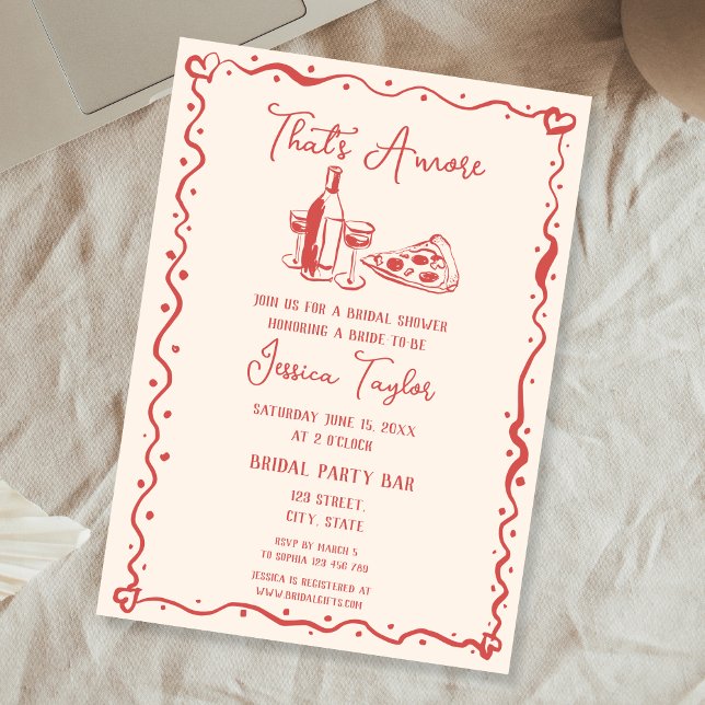Quirky Red Hand plockade Möhippa Brunch, det är me Inbjudningar (red hand drawn wine bottle and pizza slice bridal shower invitation)
