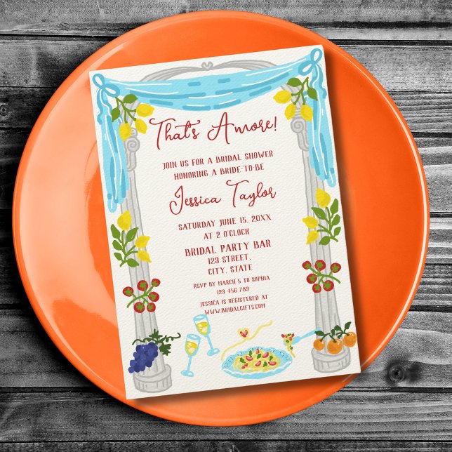 Quirky Red Hand plockade Möhippa Brunch, det är me Inbjudningar (whimsical italian pasta wedding invitation)