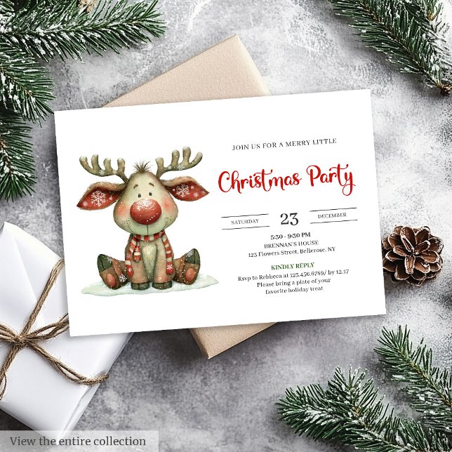 Quirky Reindeer modern watercolor Christmas invite Inbjudningar (Quirky Reindeer modern watercolor Christmas invitation)