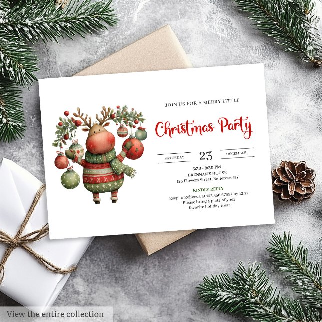 Quirky Reindeer watercolor holiday party invites Inbjudningar (Quirky Reindeer watercolor holiday party invitation)