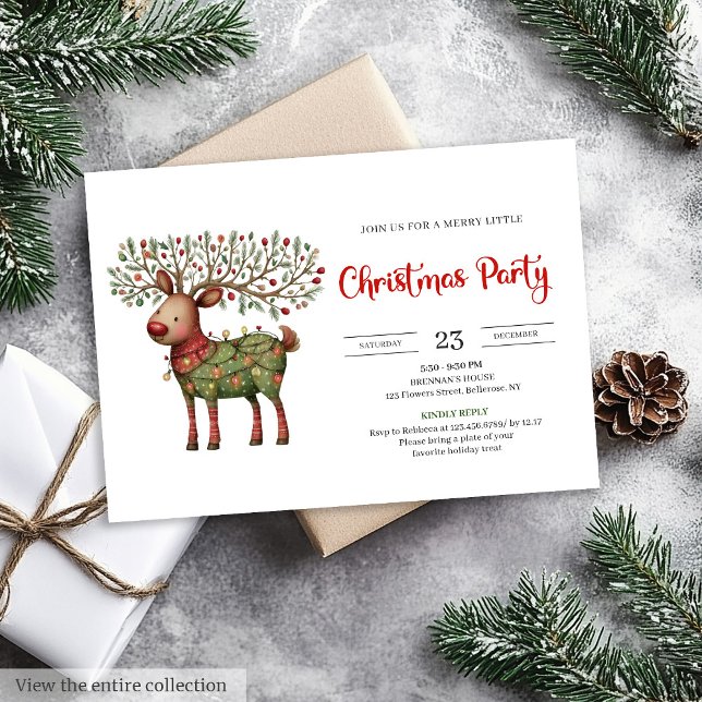 Quirky Reindeer watercolor red green Christmas  Inbjudningar (Quirky Reindeer watercolor red green Christmas invite)