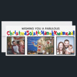 Quirky-Roligt Alla inkluderade 3-foto primärt Färg Julkort<br><div class="desc">Det här helgdag för snabba och roligt täcker alla baser. I hälsning står det "Wishing you a Fabulous ChristmaSolsticHanukKwanzaa!" - att blanda ord julsolstice, Hanukkah och Kwanzaa i ett långt ord. Texten skrivs ut i ett visstiskt teckensnitt med alternerande primärt färg, och det finns utrymme att överföra tre foton. Baksidan...</div>