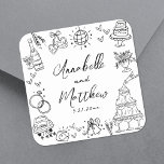 Quirky Roligt Hand plockade Whimsical Bröllop Fyrkantigt Klistermärke<br><div class="desc">Personlig Hand-Drawn Quirky Wedding Stickers. De här roligtarna och de här skivorna med fyrkantiga bröllop visar hur det ser ut, t.ex. en champagne torn, bröllop tårta, disco boll, hjärtan, bröllop klockor, ringar, kameror m.m. Bron- och brudgummens namn och bröllop-datum visas elegant under den här visuella teckningen i en blandning av...</div>