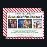 Quirky-Roligt tre foto, inklusive Whimsiic Julkort<br><div class="desc">Den här roligten innehåller tre bilder och en humoristisk, politiskt korrekt bildtext med texten "Wishing you a Fabulous ChristmaSolsticHanukKwanzaa!" - blandning av ord-julen, Solstice, Hanukah och Kwanzaa i ett långt roligt ord. Bakgrunden är röd och vit kandy rand och det finns ett meddelande som lyder: "Må säsongens anda fylla ditt...</div>