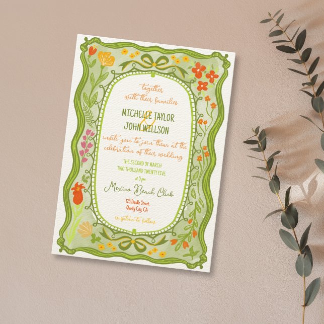 Quirky Roligt Whimsical Blommigt Bow Doodle Hand p Inbjudningar (hand drawn quirky floral frame in green color)