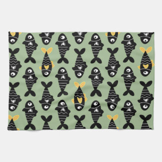 Quirky Seamless Black Fish Mönster Kitchen Towets Kökshandduk