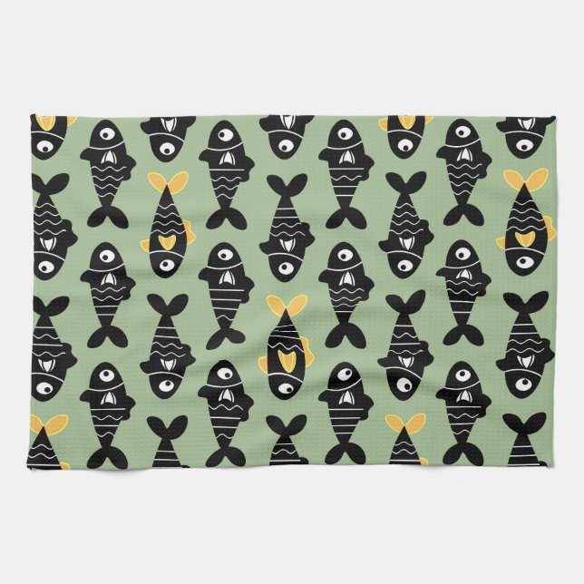 Quirky Seamless Black Fish Mönster Kitchen Towets Kökshandduk (Horisontell)