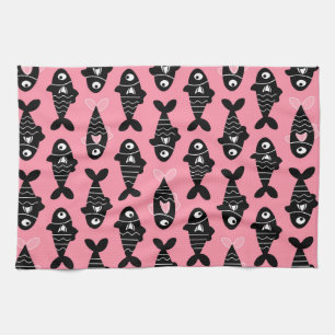 Quirky Seamless Black Fish Mönster Kitchen Towets Kökshandduk