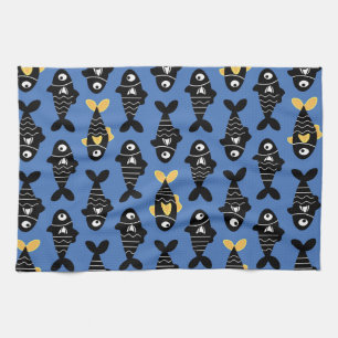 Quirky Seamless Black Fish Mönster Kitchen Towets Kökshandduk