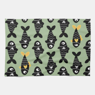Quirky Seamless Black Fish Mönster Kitchen Towets Kökshandduk