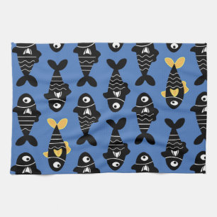 Quirky Seamless Black Fish Mönster Kitchen Towets Kökshandduk