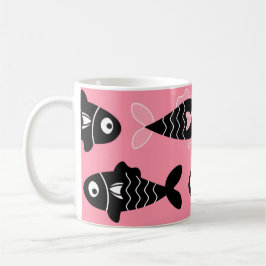 Quirky Seamless Black Fish Mönster med Rosa Kaffemugg