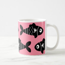 Quirky Seamless Black Fish Mönster med Rosa Kaffemugg