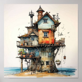 Quirky Seaside Shack Art Poster