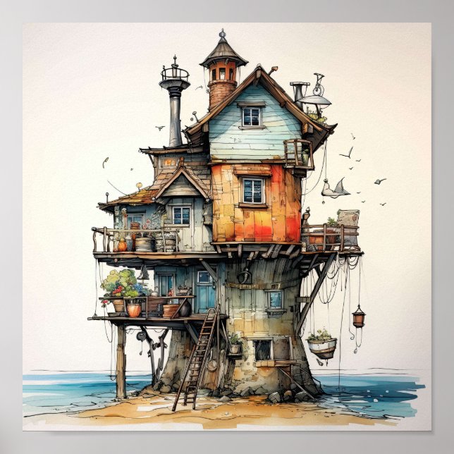 Quirky Seaside Shack Art Poster (Framsidan)