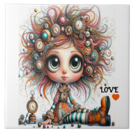 Quirky Steampunk Girl KÄRLEK Ceramic Tile Kakelplatta