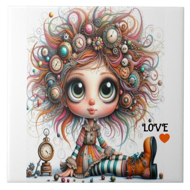 Quirky Steampunk Girl KÄRLEK Ceramic Tile Kakelplatta (Framsidan)