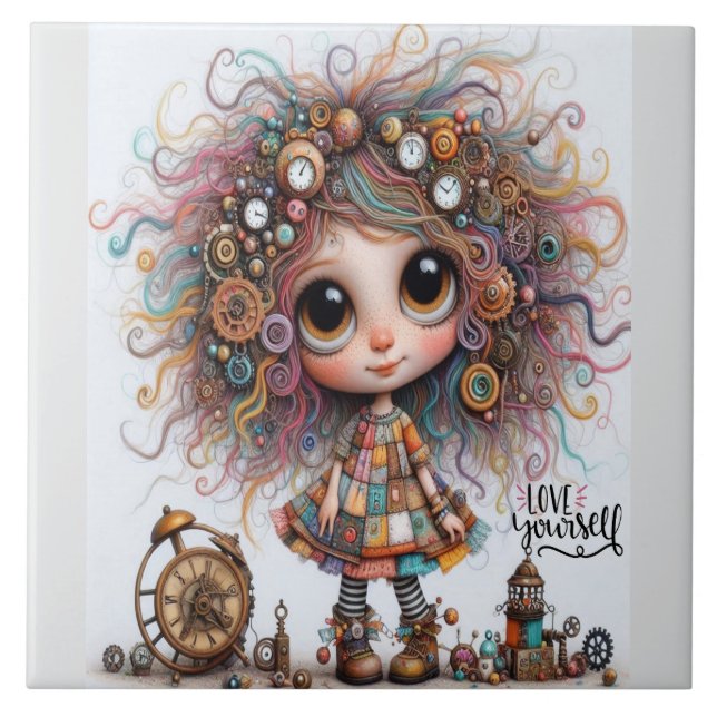 Quirky Steampunk Girl Kärlek Ceramic Tile Kakelplatta (Framsidan)