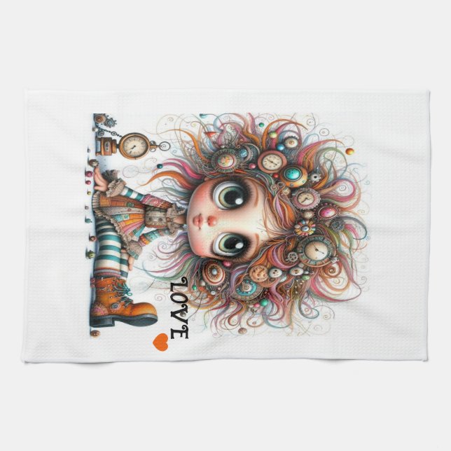 Quirky Steampunk Girl KÄRLEK Kitchen Towels Kökshandduk (Horisontell)