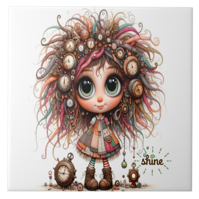 Quirky Steampunk Girl Shine Ceramic Tile Kakelplatta (Framsidan)