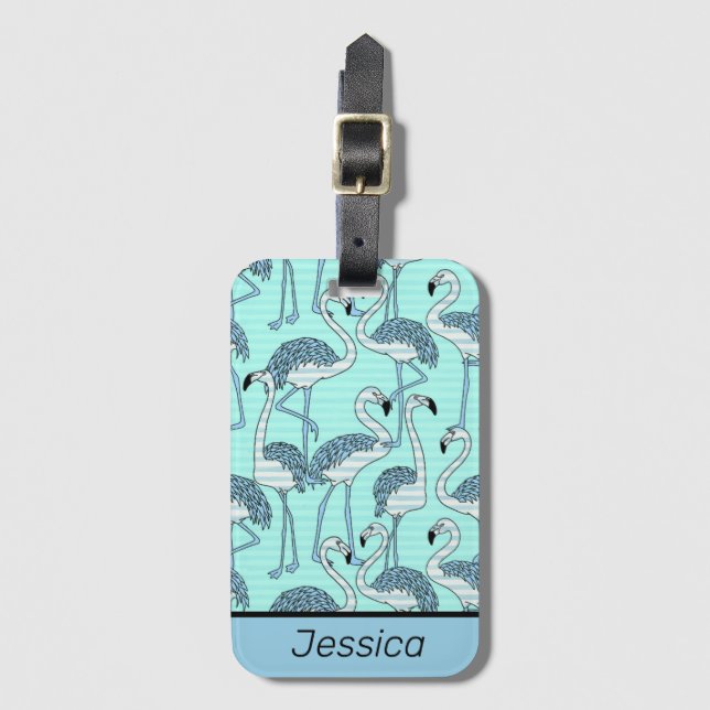 Quirky Stripe Turquise Flamingos Mönster Bagagebricka (Framsida vertikal)