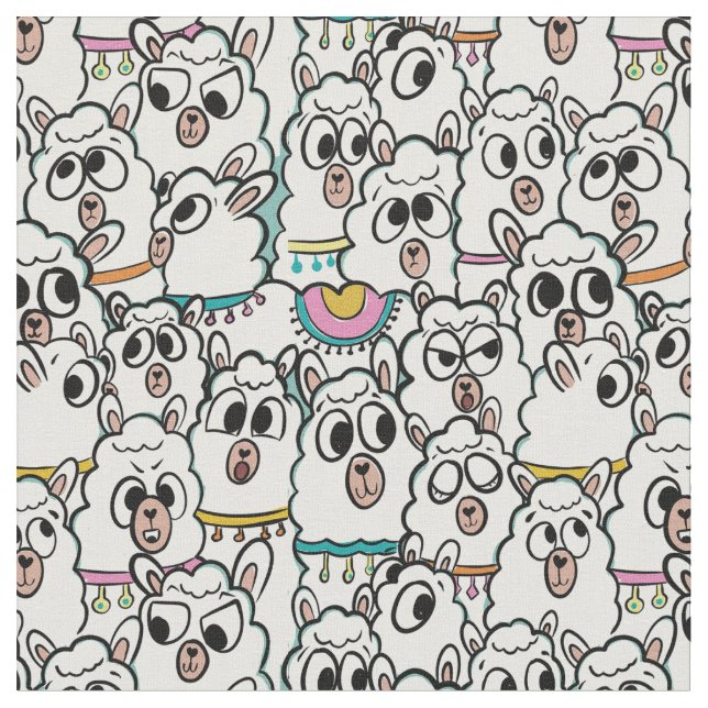 Quirky Tecknad Llama Herd Doodle Tyg (Närbild)