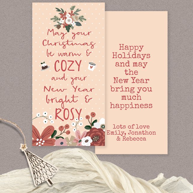 Quirky Text Blommigts Mysigt jul Rosy New Year Julkort (Front and back view)