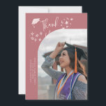 Quirky Thank You Stars Pink Graduate Photo Meddelande<br><div class="desc">Quirky and whimsical graduation announcement photo card featuring a curved photo on the front and 1 on the back. The text says "Thank You" with hand drawn stars and a graduation cap. Add the graduate's name,  information,  and message to personalize this card. Pink background.</div>