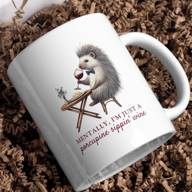 Quirky Unique Pun Porcupine Sippin'Vin Funny Kaffemugg (Fun Quirky Porcupine Wine Cute Mug - Perfect for Cozy Mornings and Funny Unique Wine Lover Gifts)