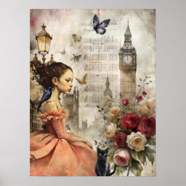 Quirky Victorian Gothic Girl & Blommigts London Poster