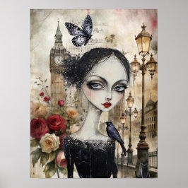 Quirky Victorian Gothic Girl & Blommigts London Poster
