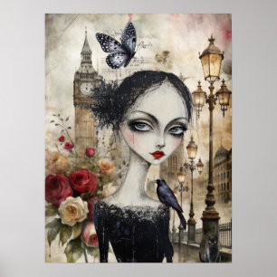 Quirky Victorian Gothic Girl & Blommigts London Poster
