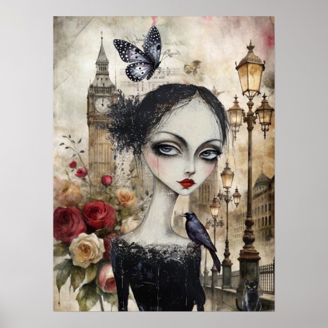 Quirky Victorian Gothic Girl & Blommigts London Poster (Framsidan)