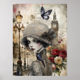 Quirky Victorian Gothic Girl & Blommigts London Poster