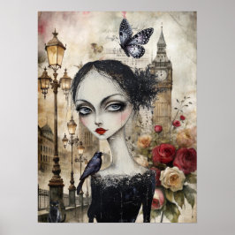 Quirky Victorian Gothic Girl & Blommigts London Poster