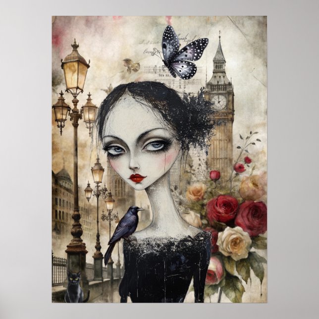 Quirky Victorian Gothic Girl & Blommigts London Poster (Framsidan)