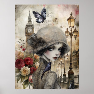 Quirky Victorian Gothic Girl & Blommigts London Poster