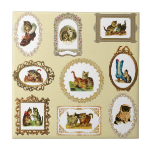 Quirky Vintage Framed Cats Mönster Kakelplatta