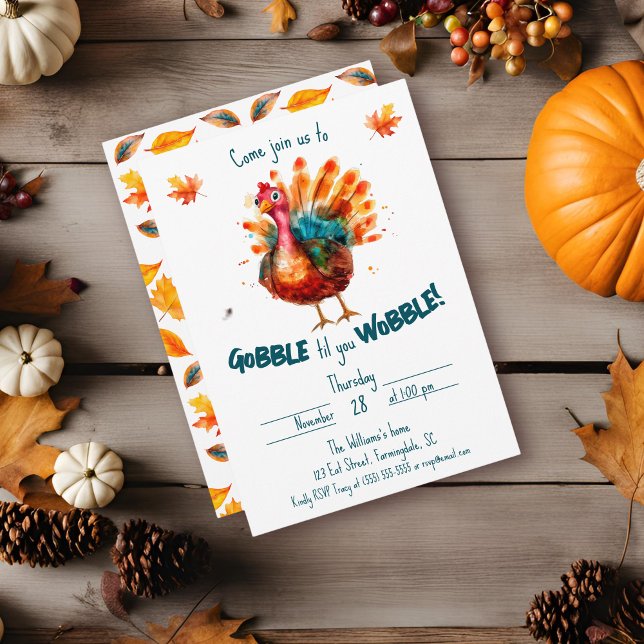 Quirky Watercolor Turkey Thanksgiving Inbjudningar (Watercolor "Gobble til you Wobble" invitation with fall leaves and white background)