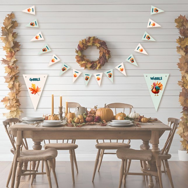 Quirky Watercolor Turkey Thanksgiving Vimplar (
Gobble til you Wobble, quirky, watercolor turkey bunting for party decor)
