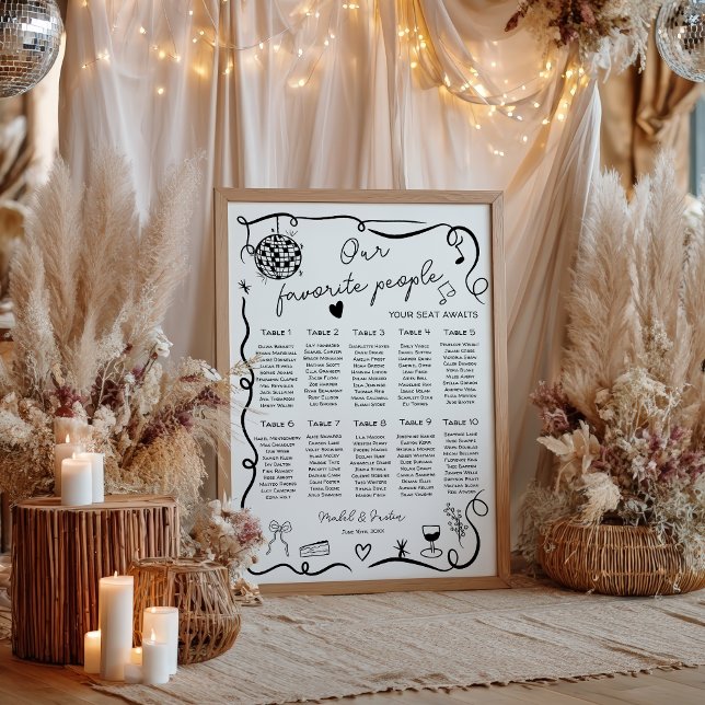 Quirky whimsical Black Bröllop Seating Chart Poster (Quirky whimsical black Wedding Seating Chart)