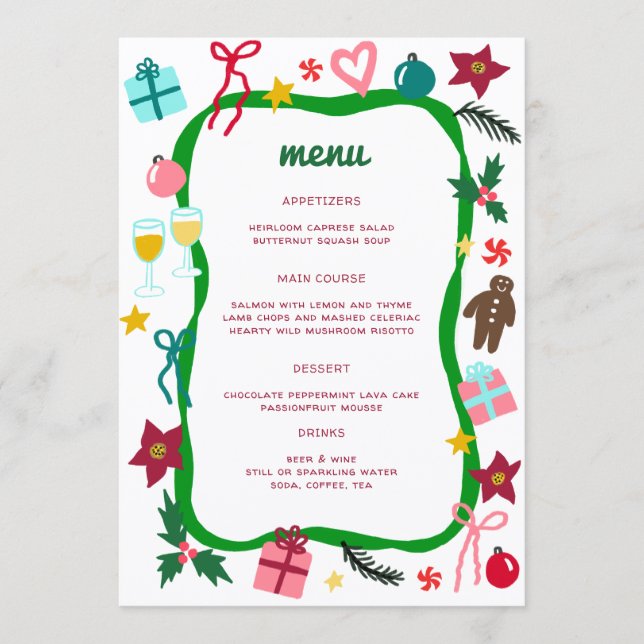 Quirky Whimsical Christmas CUSTOM Holiday Party Meny (Framsida)