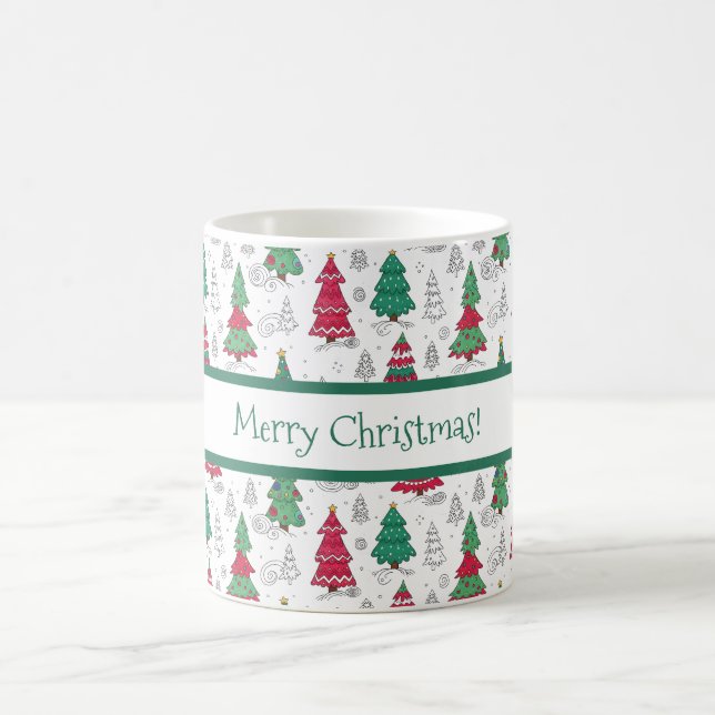 Quirky Whimsical Decorated Christmas Trees Doodles Kaffemugg (Center)