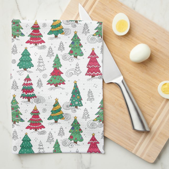 Quirky Whimsical Decorated Christmas Trees Doodles Kökshandduk (Vikt i Fjärdedel)