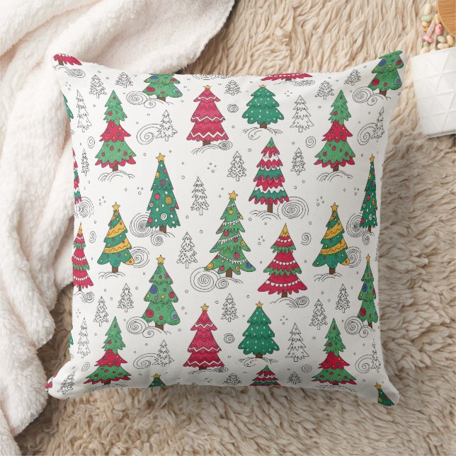 Quirky Whimsical Decorated Christmas Trees Doodles Kudde (Filt)