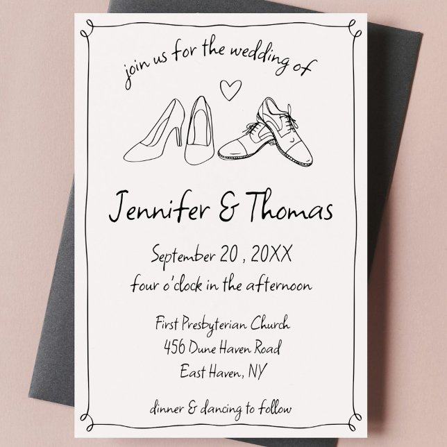 Quirky Whimsical Hand plockade Doodle Shoes Bröllo Inbjudningar (quirky whimsical hand drawn doodle scribble wedding invitation wedding shoes handwritten black cute)
