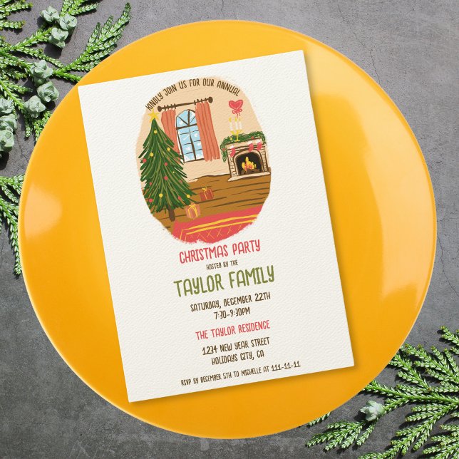 Quirky Whimsical Hand plockade-julmiddag Party Inbjudningar (whimsical christmas decorated cosy room dinner party invitation)