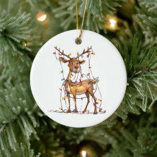 Quirky Whimsical Red Nposed Reindeer med Ljus Julgransprydnad Keramik