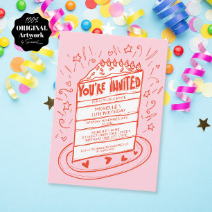 Quirky Whimsical Roligt Hand plockade Birthday Cak Inbjudningar